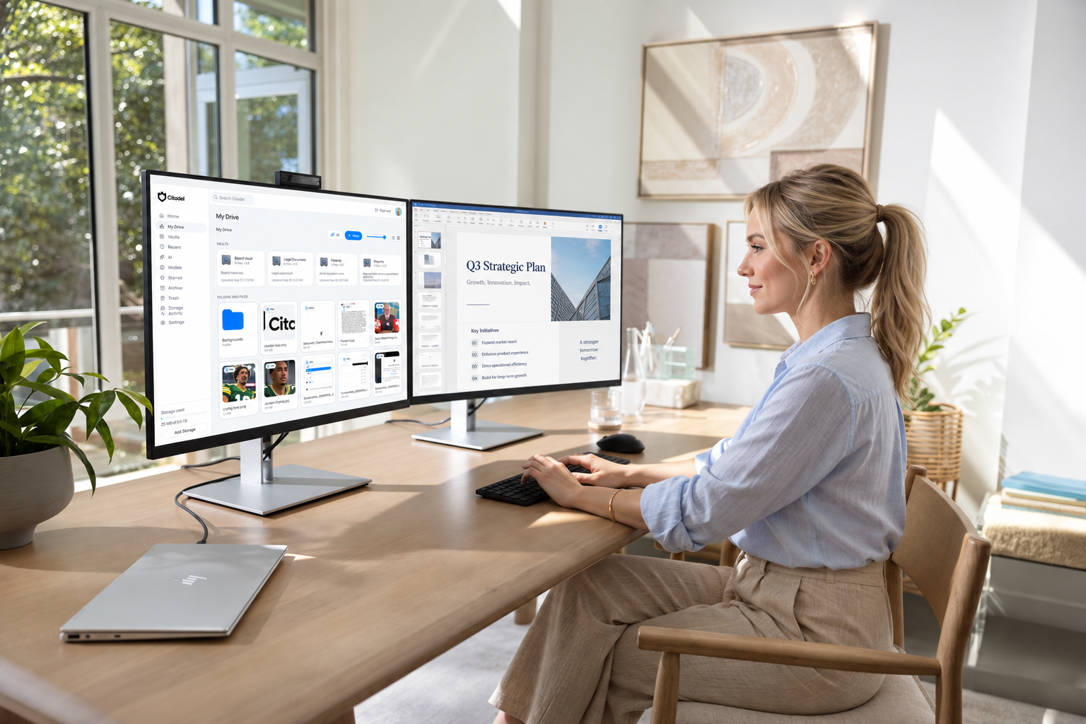 A professional working in Citadel across two monitors, with My Drive, vaults and documents open